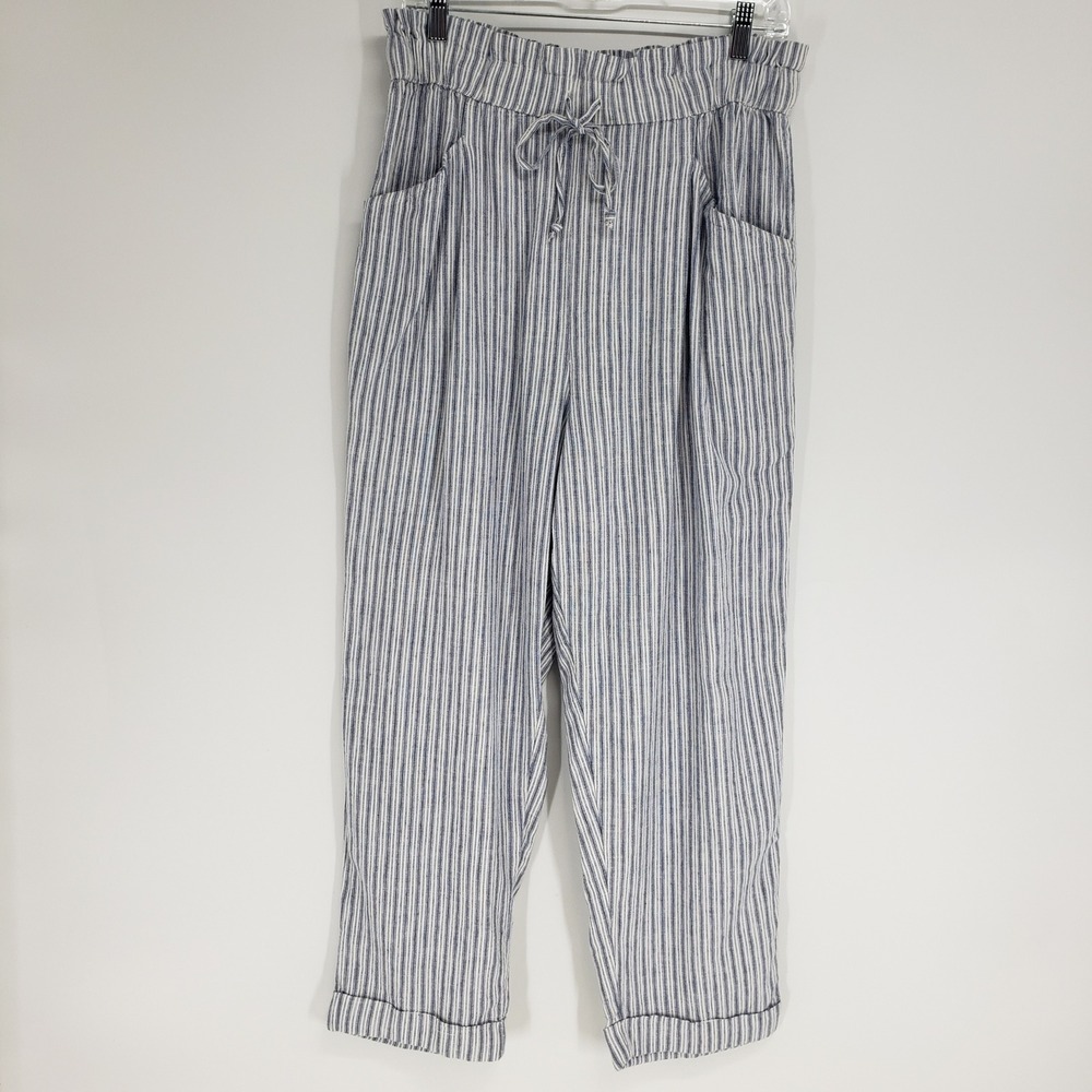 American Eagle Striped Paperbag Waist Cropped Pants Women Large Blue White Linen